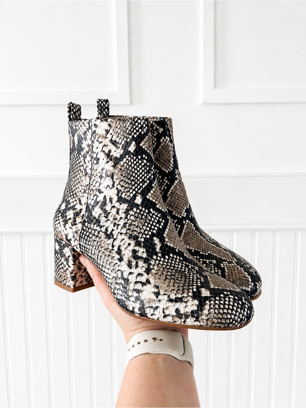 Gianni Bini Snake-Print Block Heel Ankle Boots - Black & Cream